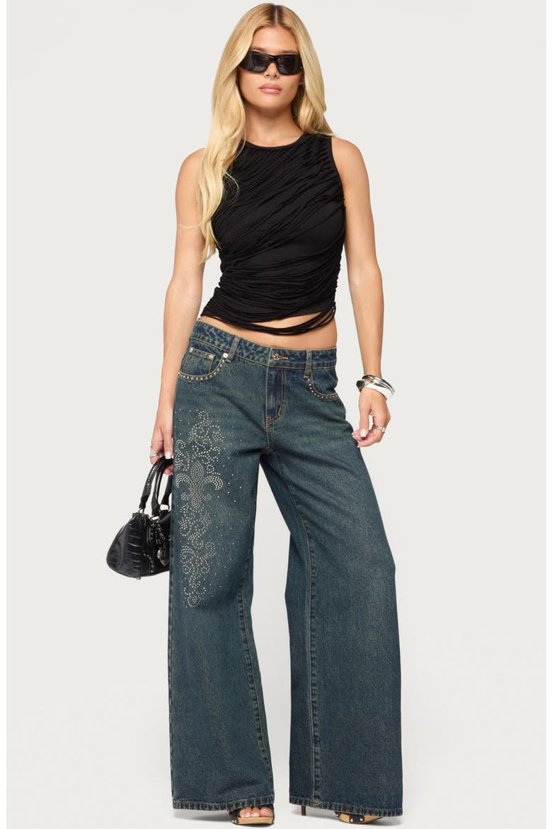 Rhinestone Graphic Low Rise Wide Leg Jeans, Alternate, color, TWILIGHT-BLUE