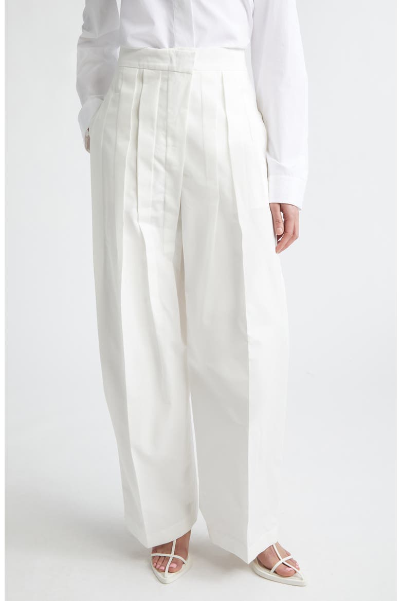Pleated Cotton & Silk Straight Leg Pants, Main, color, LATTE