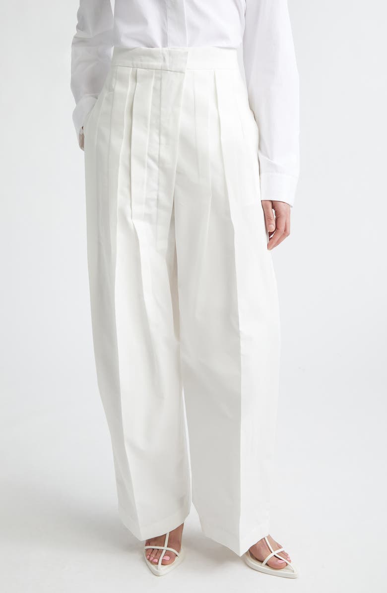 Jil Sander Pleated Cotton & Silk Straight Leg Pants, Main, color, Latte