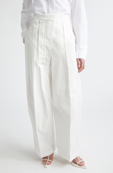 Pleated Cotton & Silk Straight Leg Pants