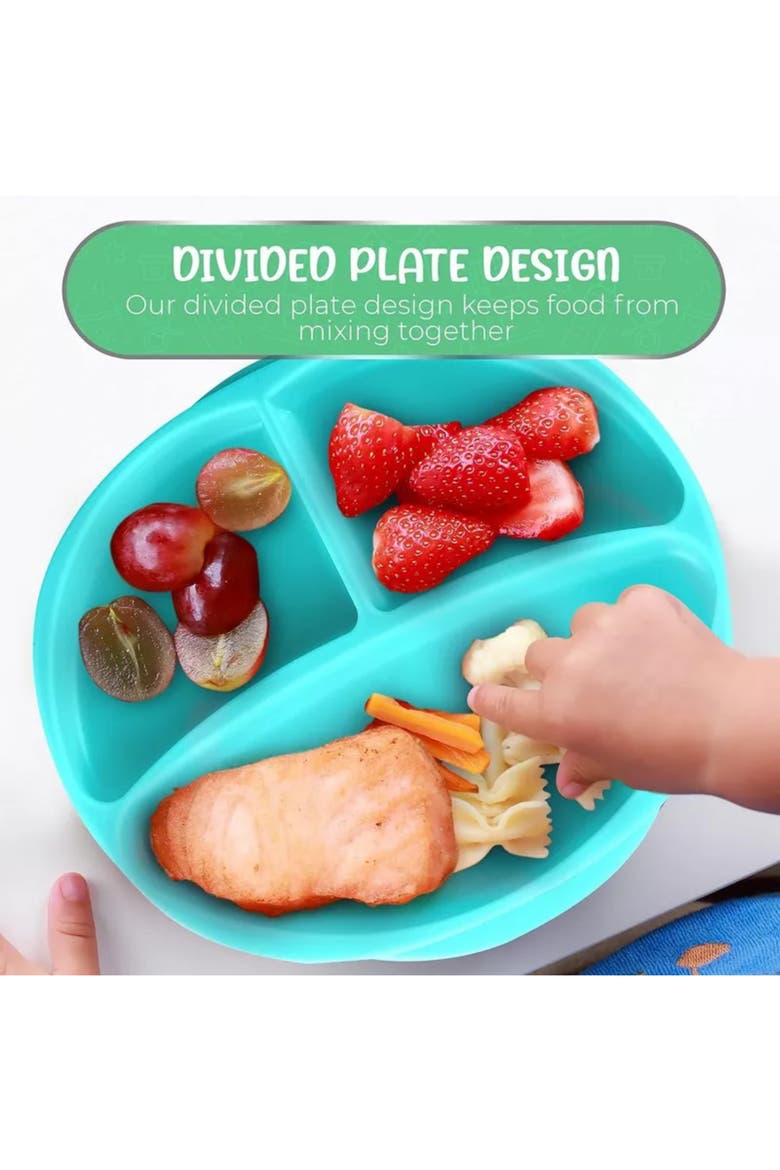 Silicone Suction Divided Plate and Spoon Toddler Training Self Feeding Set, 2-Pack, Alternate, color, Blue & Light Green