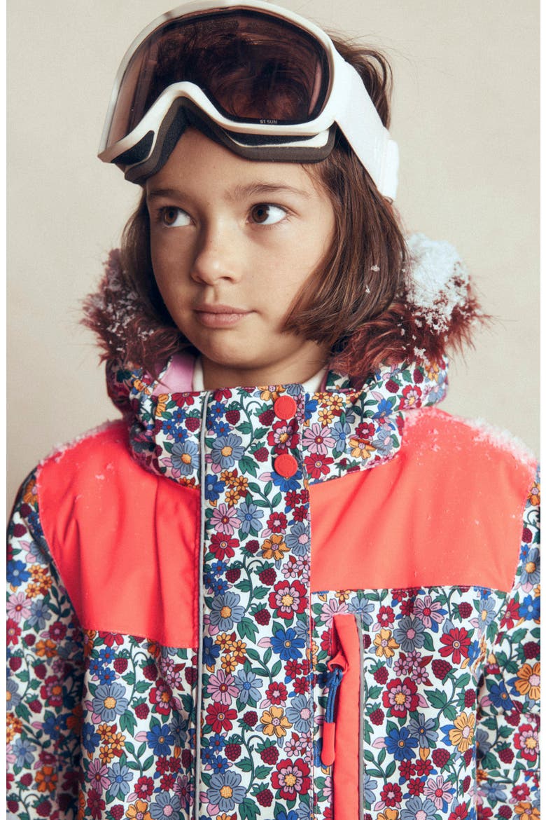 Kids' All-Weather Waterproof Faux Fur Trim Coat, Alternate, color, MULTI DITSY