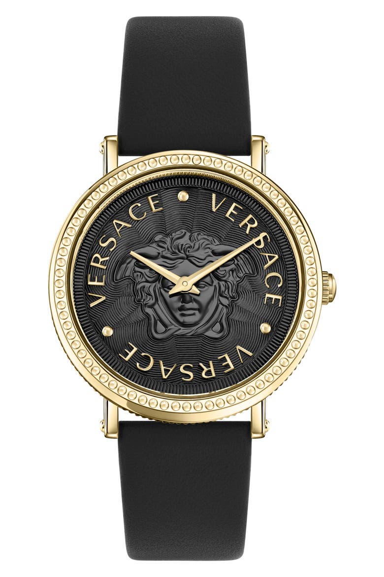 V-Dollar Leather Strap Watch, 37mm, Main, color, IP YELLOW GOLD