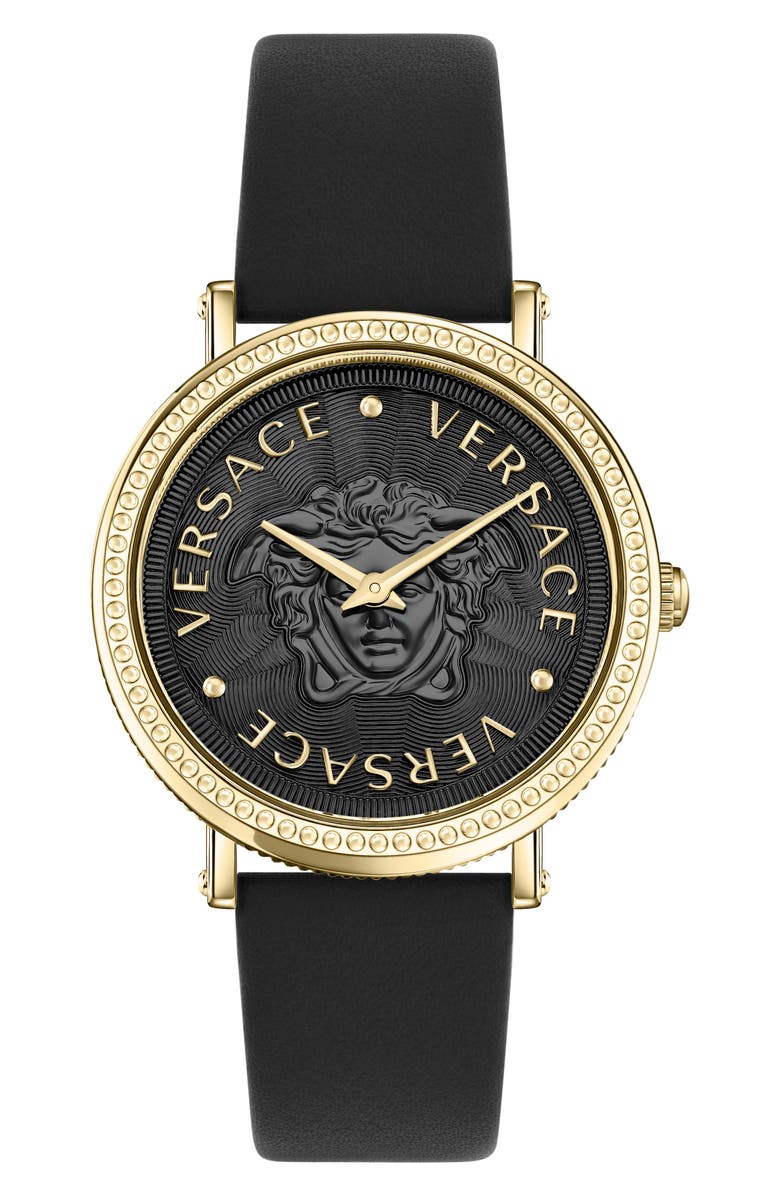 Versace V-Dollar Leather Strap Watch, 37mm, Main, color, Ip Yellow Gold