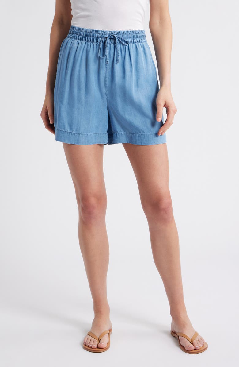 beachlunchlounge Toney Tie Waist Chambray Shorts, Main, color, Blue Wash