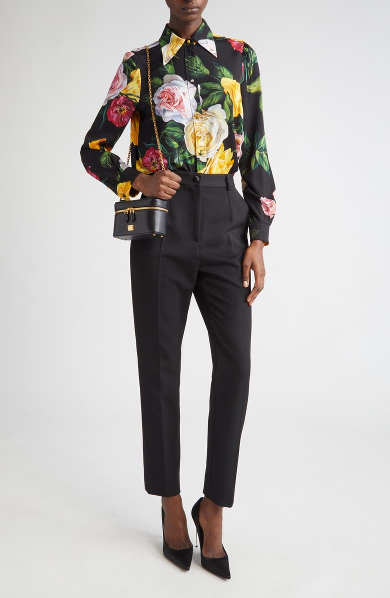 Dolce&Gabbana Peony & Rose Floral Charmeuse Button-Up Shirt, Alternate, color, Peonie/ Rose F.nero