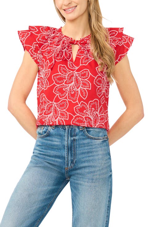 Floral Flutter Sleeve Tie Neck Top