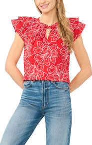 CeCe Floral Flutter Sleeve Tie Neck Top