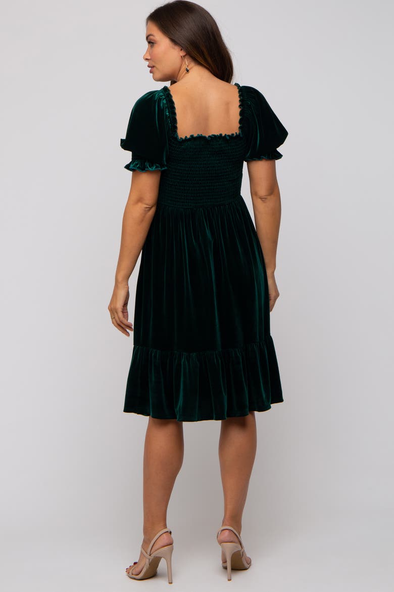 Velvet Smocked Puff Sleeve Dress, Alternate, color, Forest Green