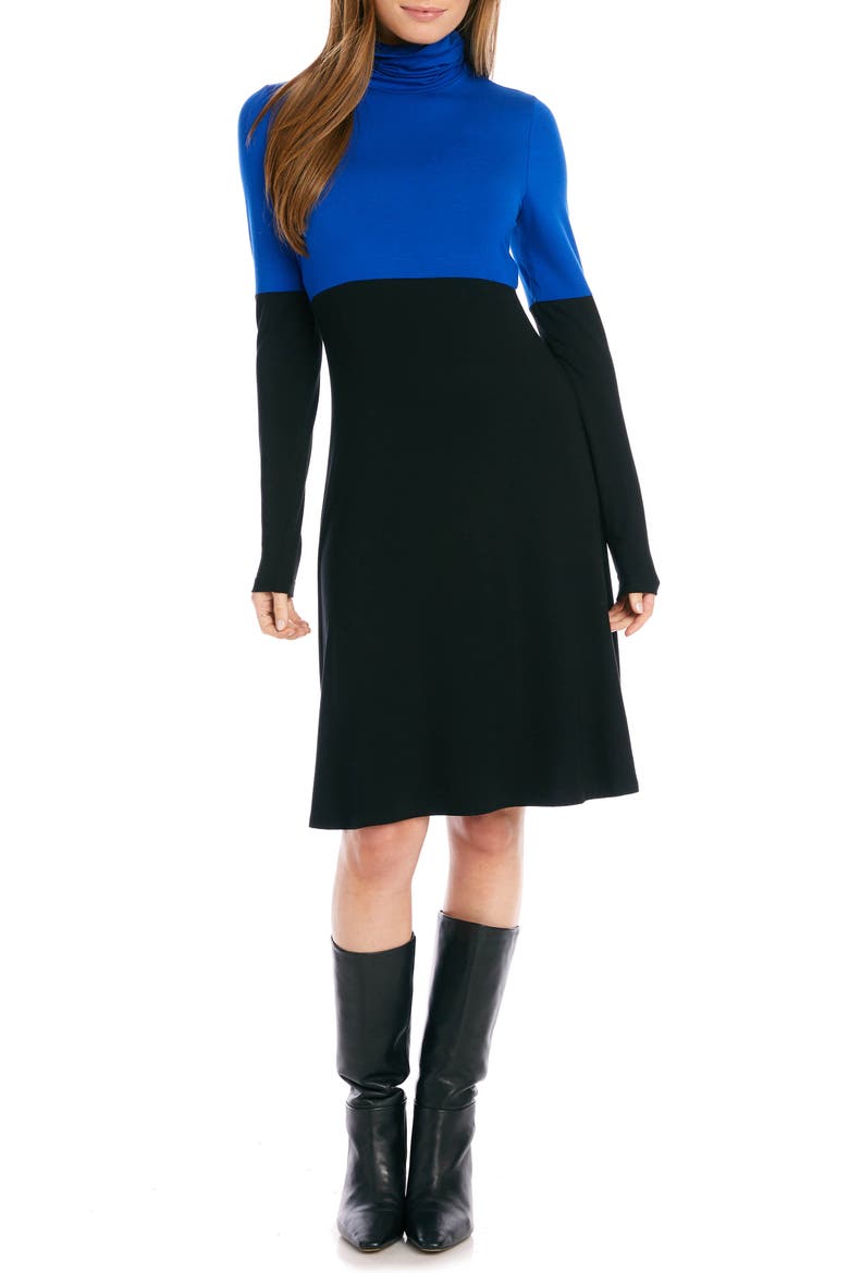 Colorblock Long Sleeve Turtleneck Jersey Dress, Alternate, color, BLACK WITH BLUE