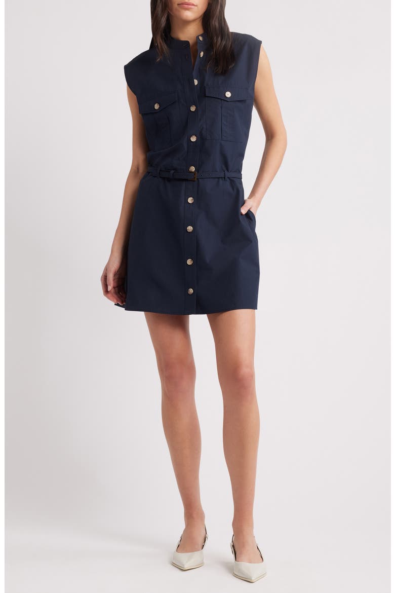 Cap Sleeve Cotton Safari Shirtdress, Main, color, NAVY