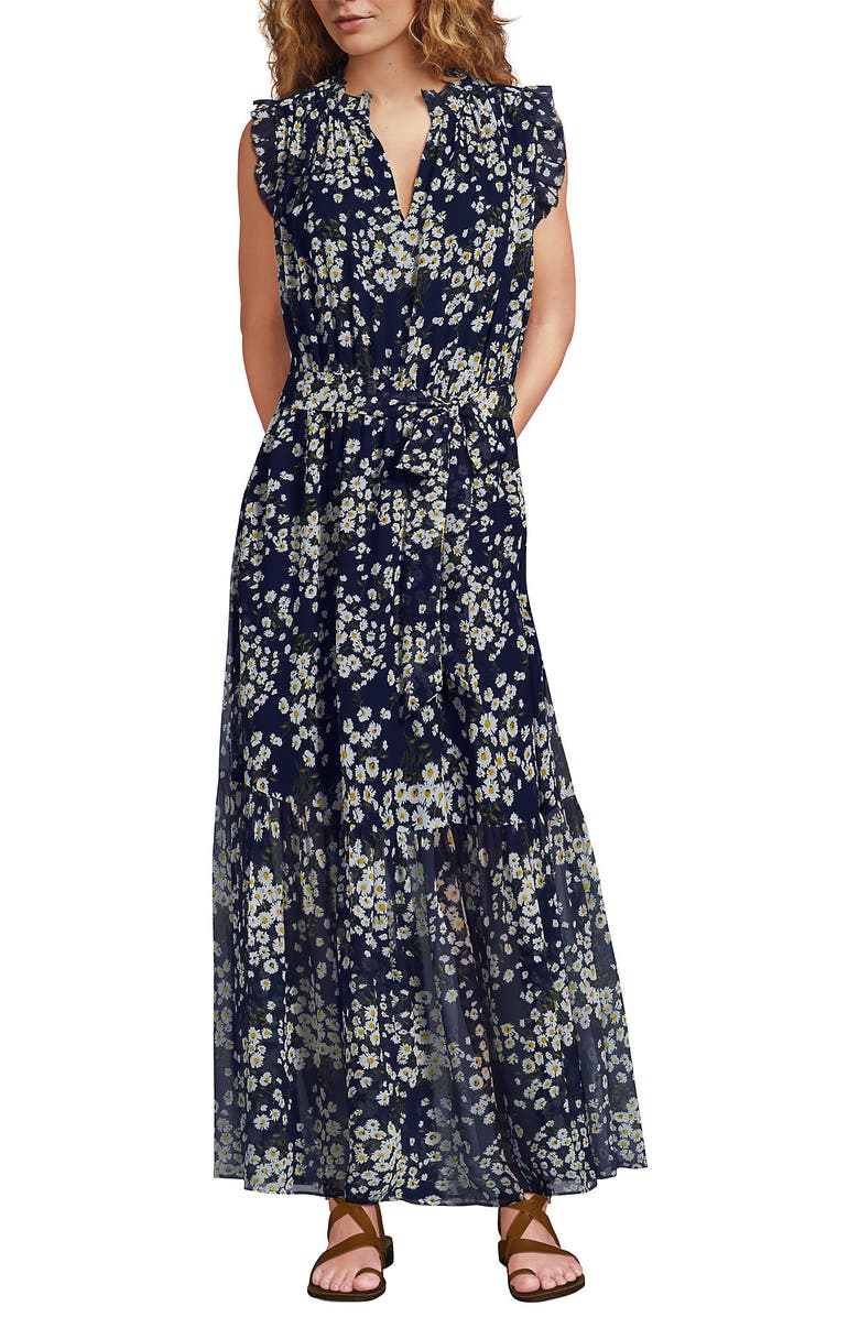 Lands' End Chiffon Maxi Dress with Ruffle Detail, Alternate, color, Deep Sea Navy Tossed Daisies