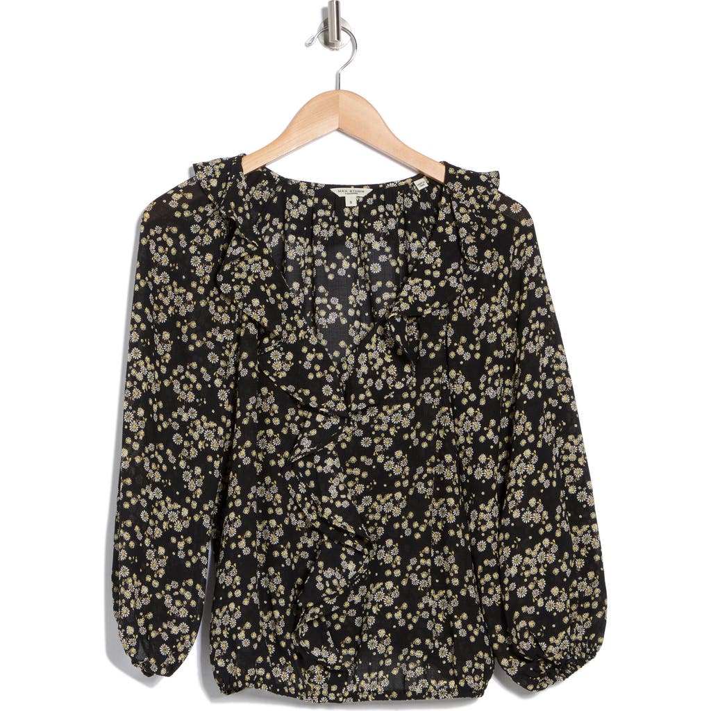 Max Studio Floral Print Ruffle Neck Blouse In Black/white Daisies Tossed