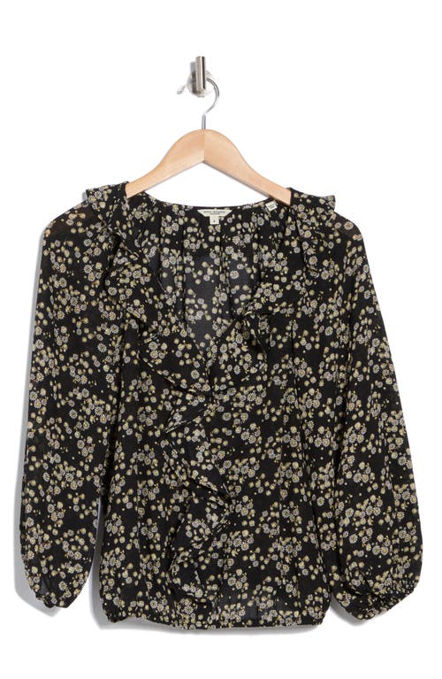 Max Studio Floral Print Ruffle Neck Blouse In Black