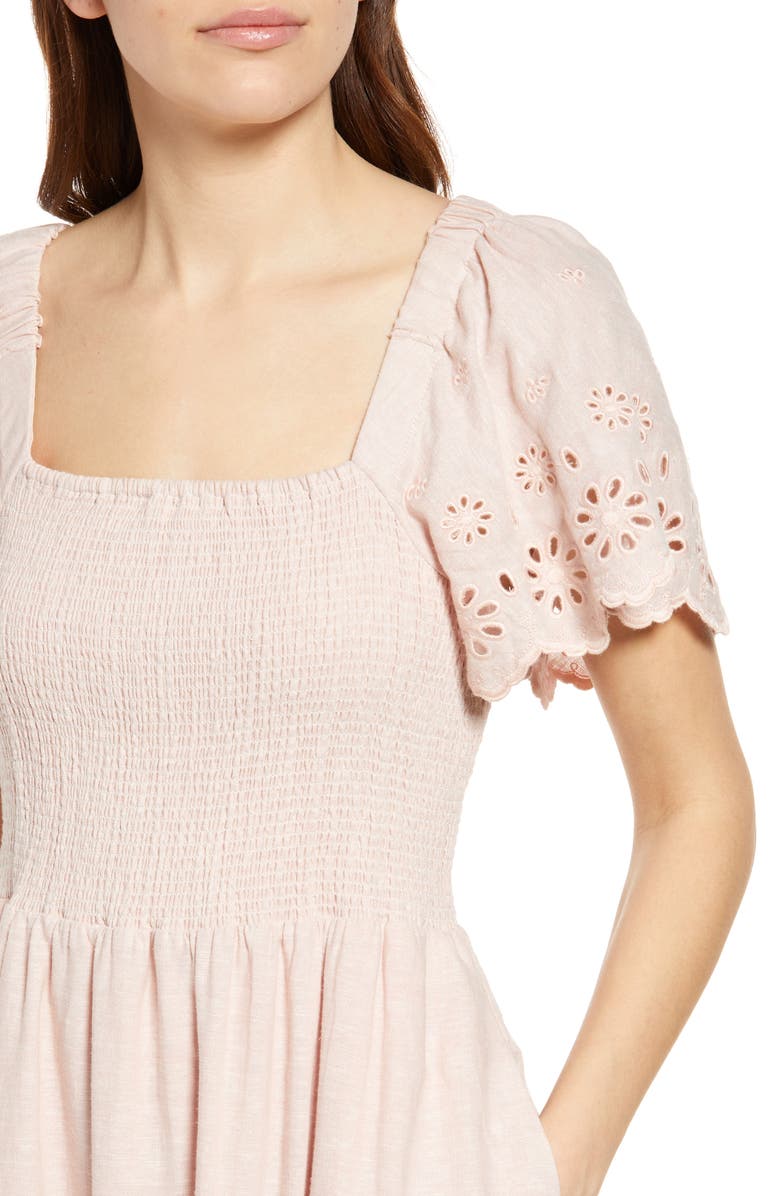 Madewell Lucie Eyelet Sleeve Smocked Linen Blend Midi Dress, Alternate, color, Wisteria Dove