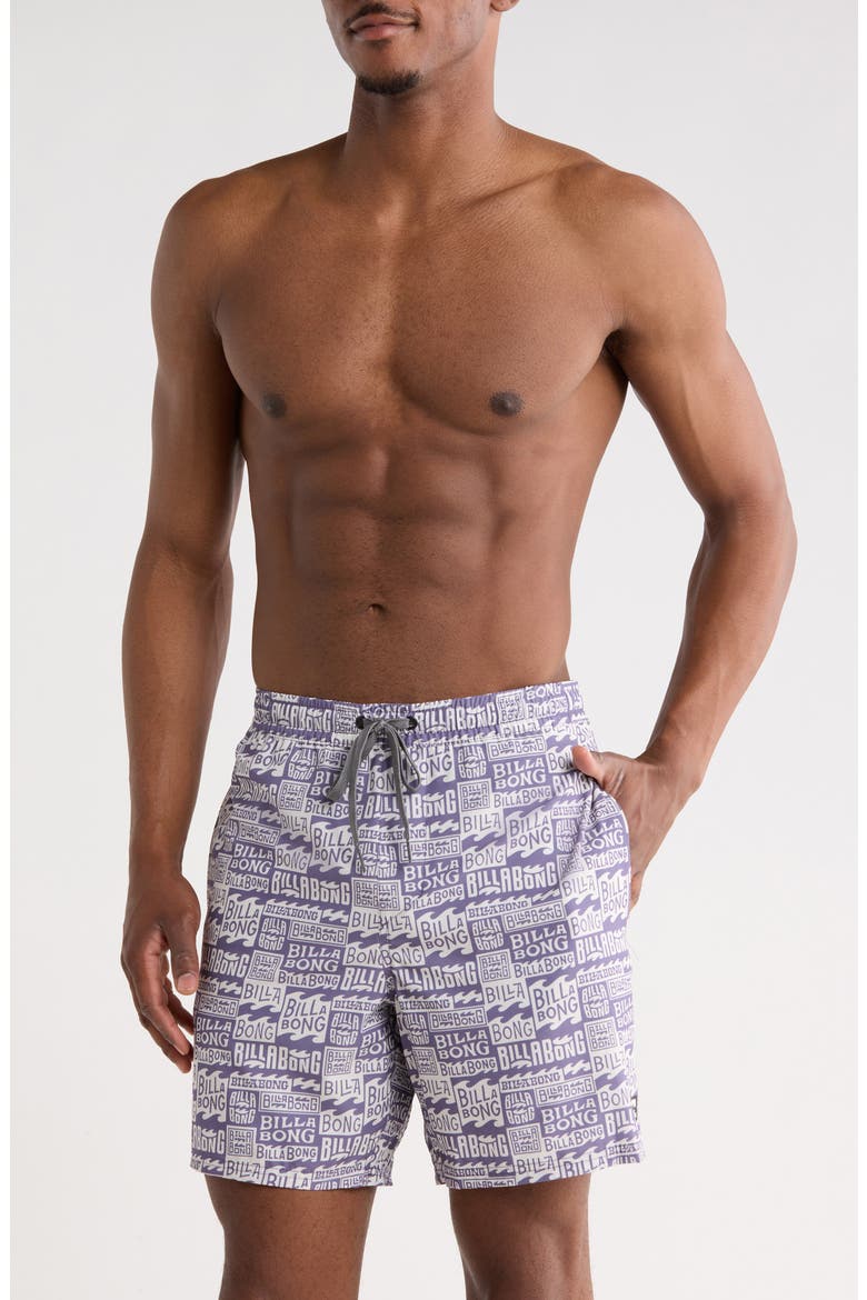 Allover Logo Volley Swim Trunks, Main, color, MULLED GRAPE