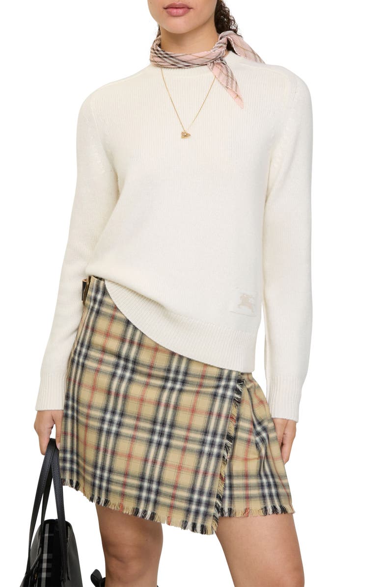 Burberry Constance Equestrian Knight Design Stretch Cashmere Crewneck Sweater, Alternate, color, Ceramic White