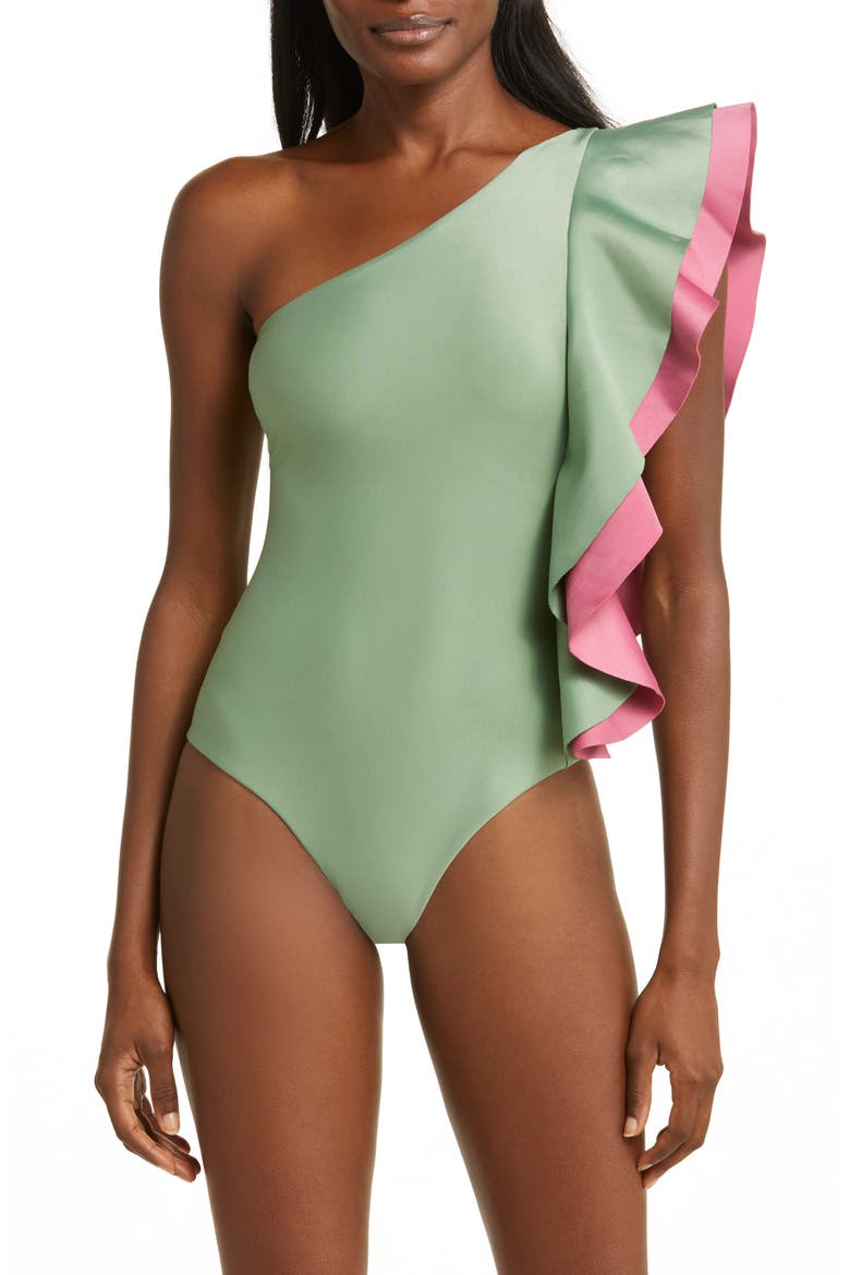 Ruffle One-Shoulder One-Piece Swimsuit, Main, color, GREEN