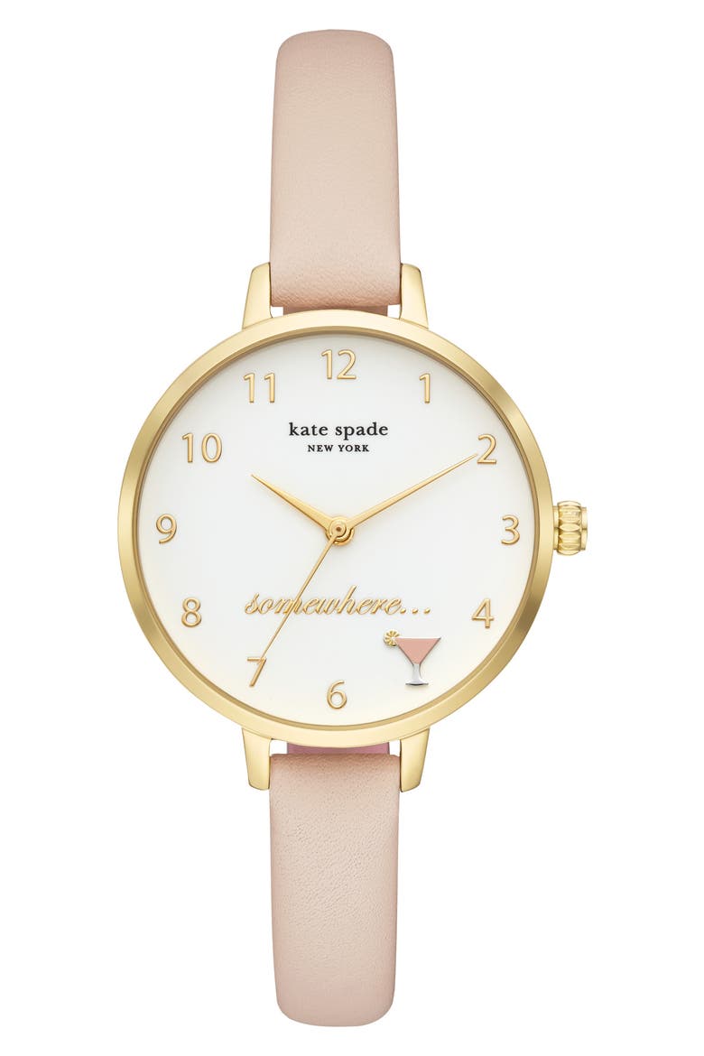 metro 5 o'clock somewhere leather strap watch, 34mm, Main, color, TAN/ WHITE/ GOLD