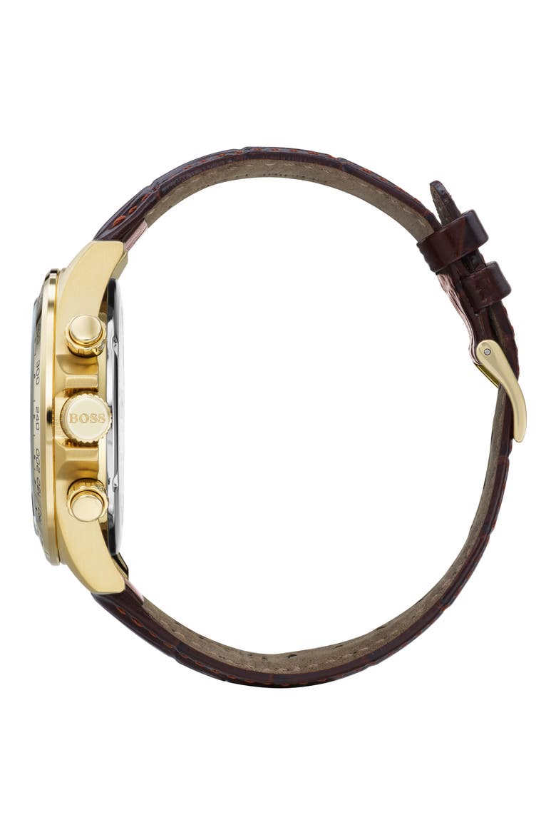Hero Chronograph Leather Strap Watch, 43mm, Alternate, color, BROWN/ BLUE/ GOLD