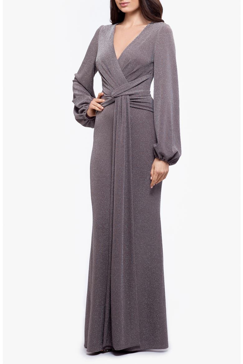Metallic Knit Long Sleeve Gown, Alternate, color, TAUPE/ SILVER