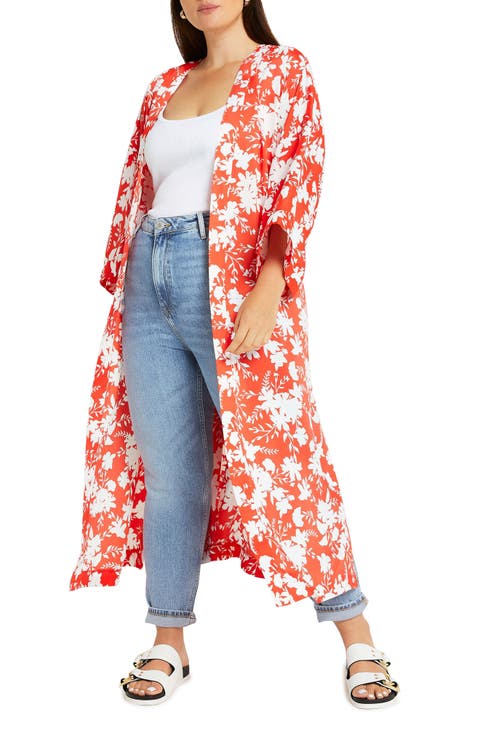 Floral Print Duster Jacket (Plus Size)
