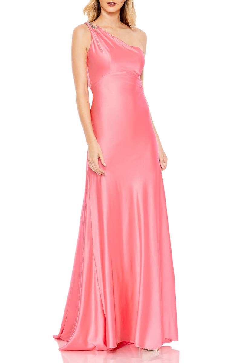 Mac Duggal Beaded Asymmetrical One Shoulder Column Gown, Main, color, Pink