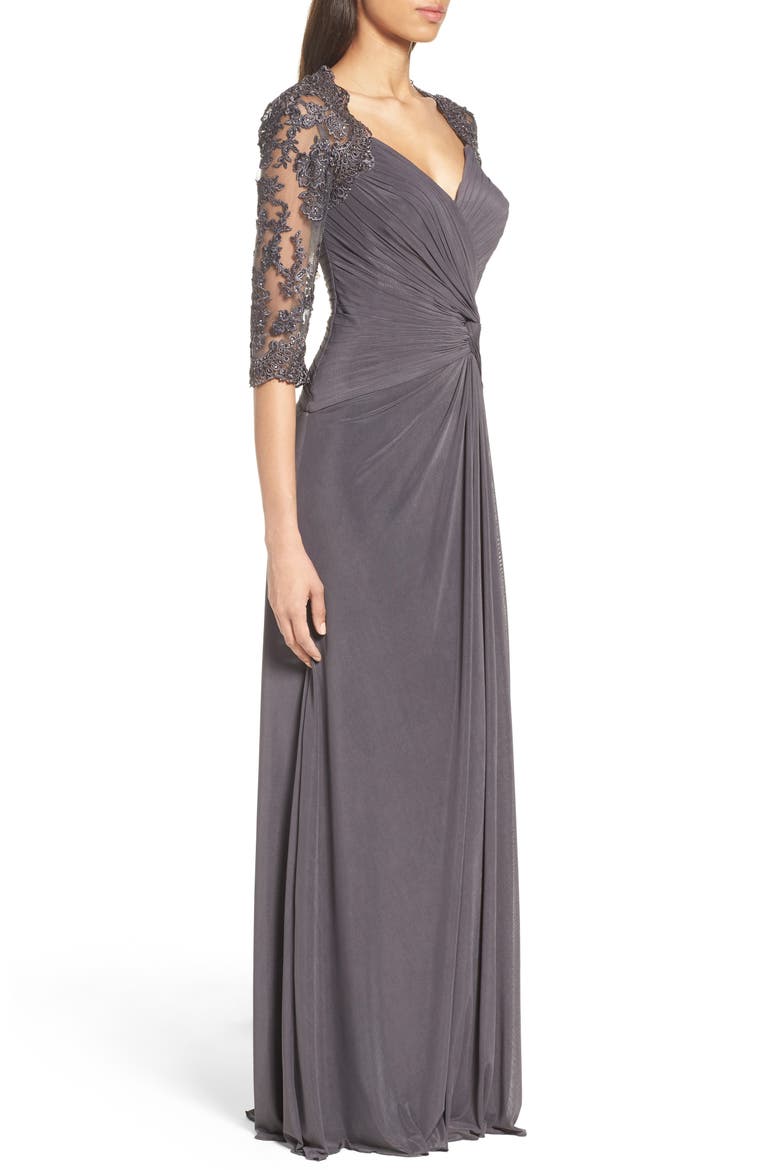 Jersey Gown with Knot Detail and Lace Sleeves, Alternate, color, GUNMETAL