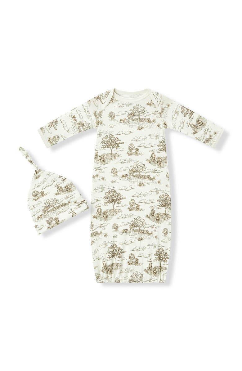 Milkbarn Luxe Stretch Newborn Gown and Hat Set, Main, color, Country Toile