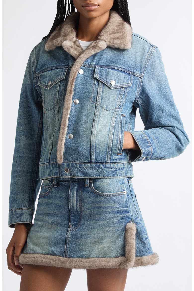 Faux Fur Trim Denim Jacket, Alternate, color, TINTED MEDIUM INDIGO