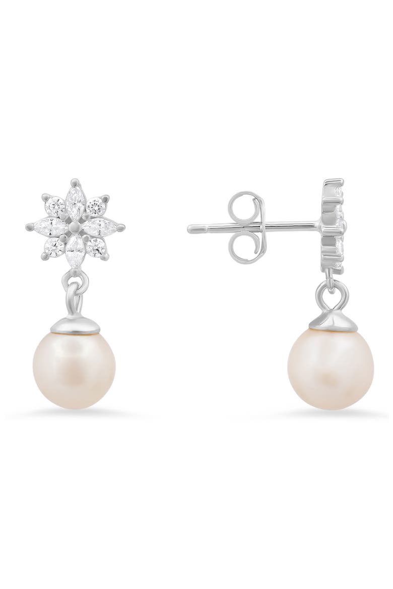 Dangling Freshwater Pearl & Cubic Zirconia Floral Drop Earrings, Main, color, SILVER