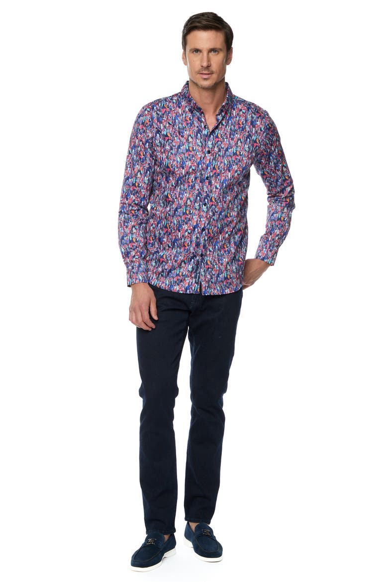 Brighton Tailored Fit Leaf Print Cotton Button-Up Shirt, Alternate, color, BLUE MULTI