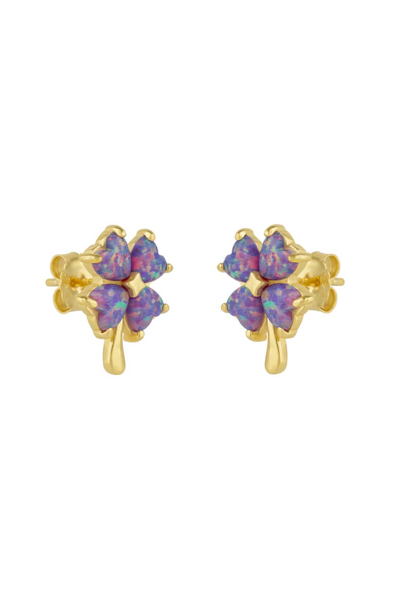 Pink Purple Opal Four Leaves Clover Sterling Silver Stud Earrings, Main, color, Gold