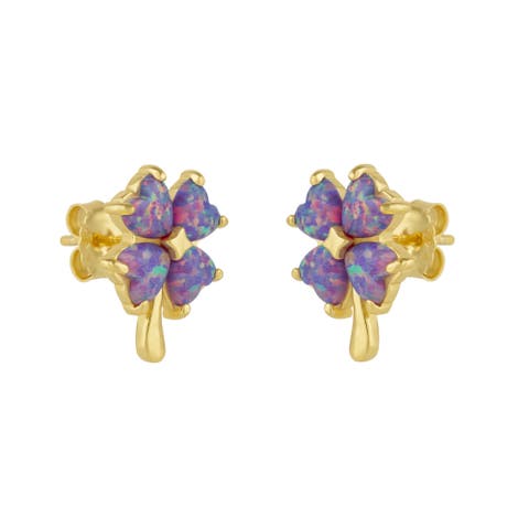 Pink Purple Opal Four Leaves Clover Sterling Silver Stud Earrings