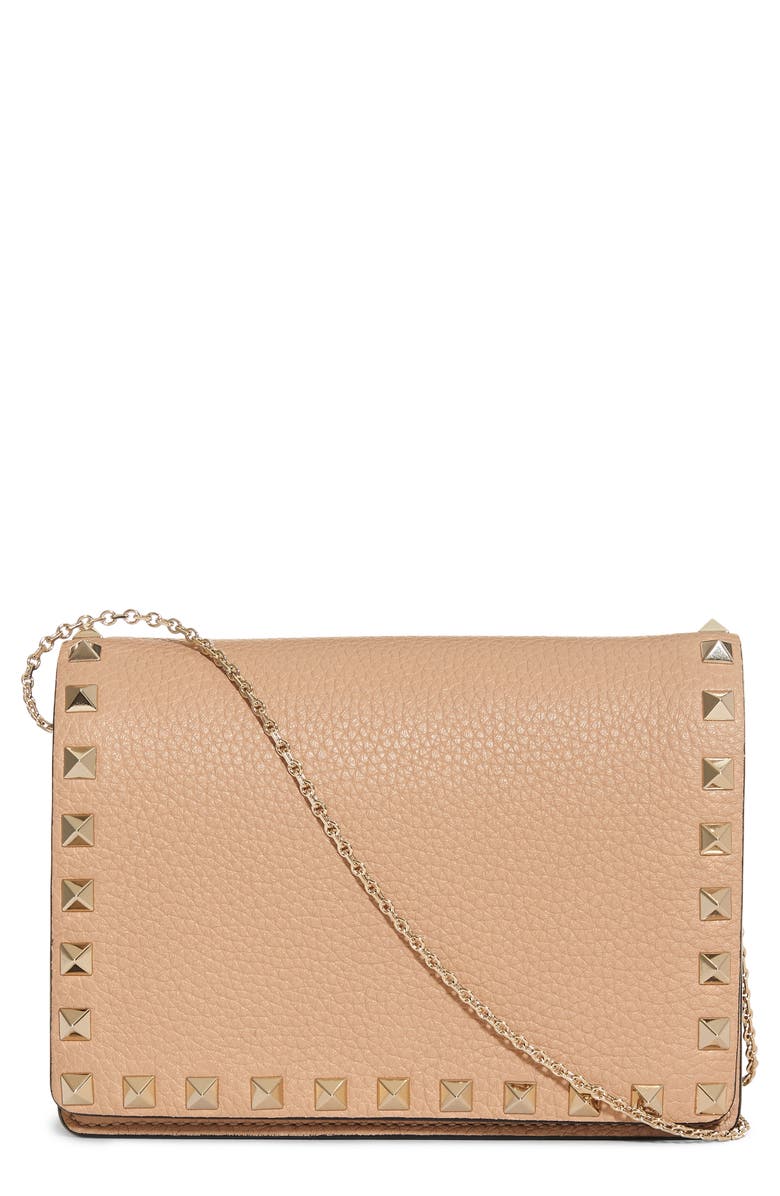 Valentino Garavani Rockstud Leather Wallet on a Chain, Main, color, 