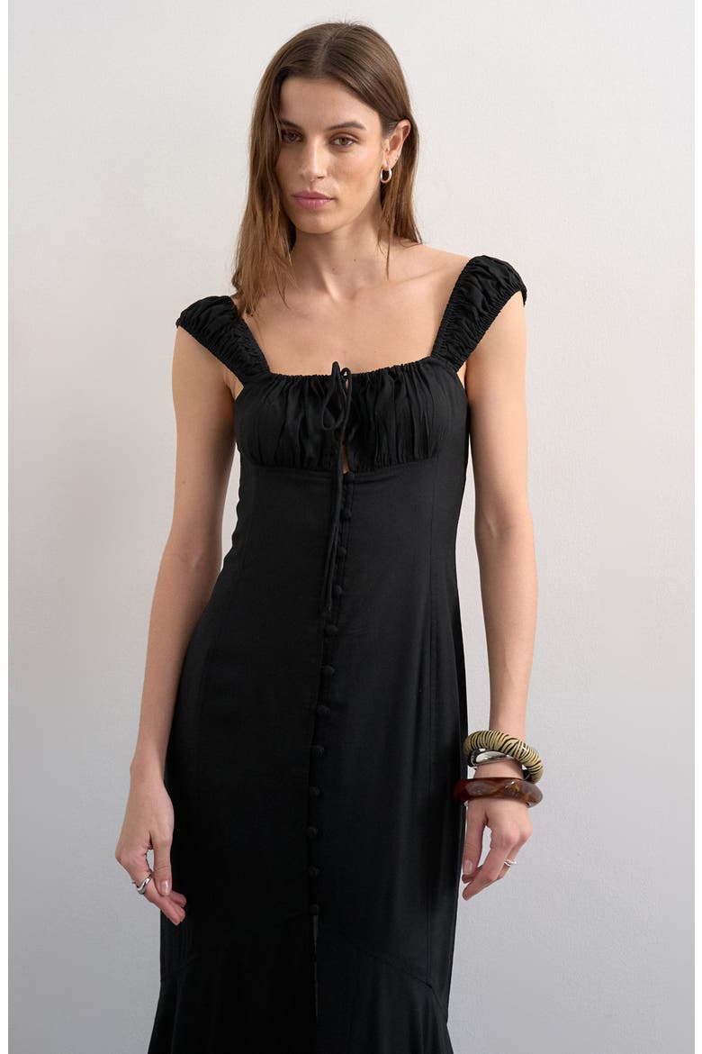 Tie Front Cap Sleeve Maxi Dress, Alternate, color, BLACK