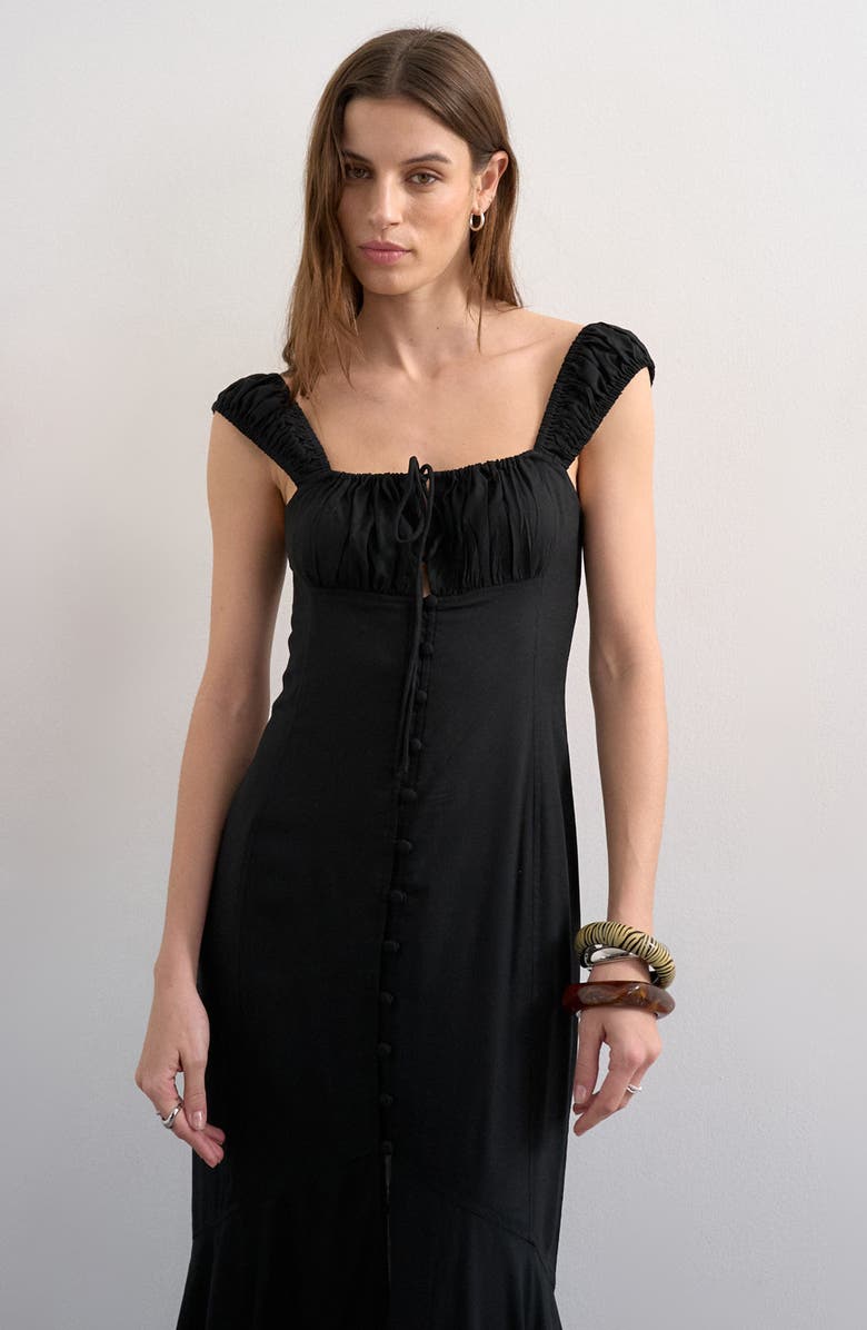 Topshop Tie Front Cap Sleeve Maxi Dress, Alternate, color, Black