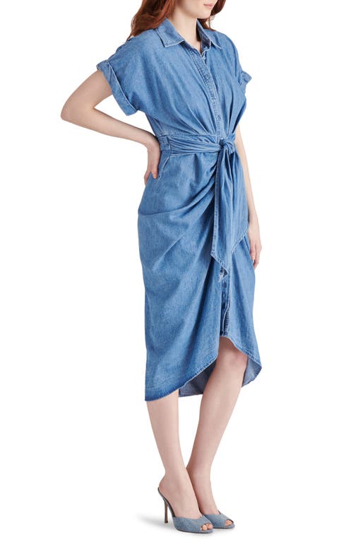 Steve Madden Tori Tie Waist Denim Midi Shirtdress In Chambray Blue