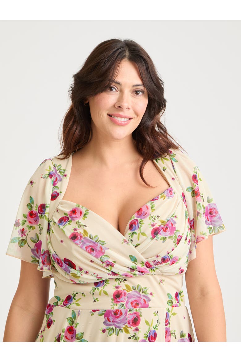 Liz Floral Bolero Wrap Bodice Midi Dress, Alternate, color, Vintage Cream Rose