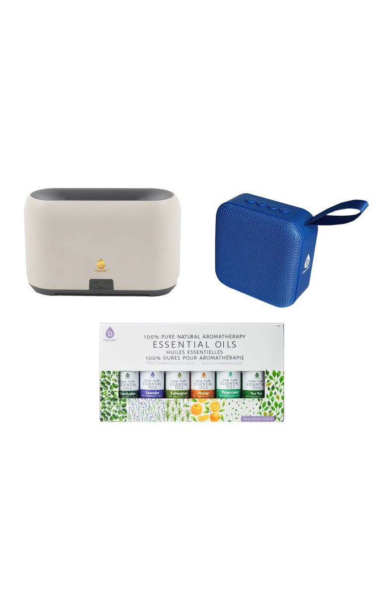 PURSONIC FlameGlow Aromatherapy Diffuser, Pursonic 6-Pack Essential Oils & Portable 360° Hi-Res Wireless Speaker, Main, color, Multicolor