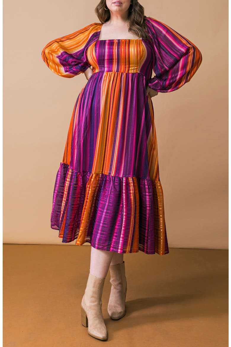 Metallic Stripe Long Sleeve Chiffon Midi Dress, Alternate, color, PURPLE ORANGE