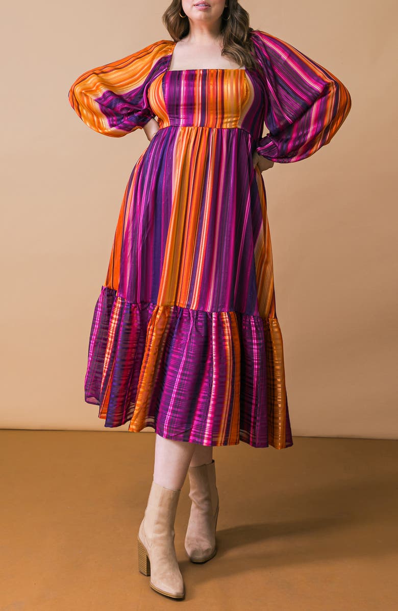 FLYING TOMATO Metallic Stripe Long Sleeve Chiffon Midi Dress, Alternate, color, Purple Orange