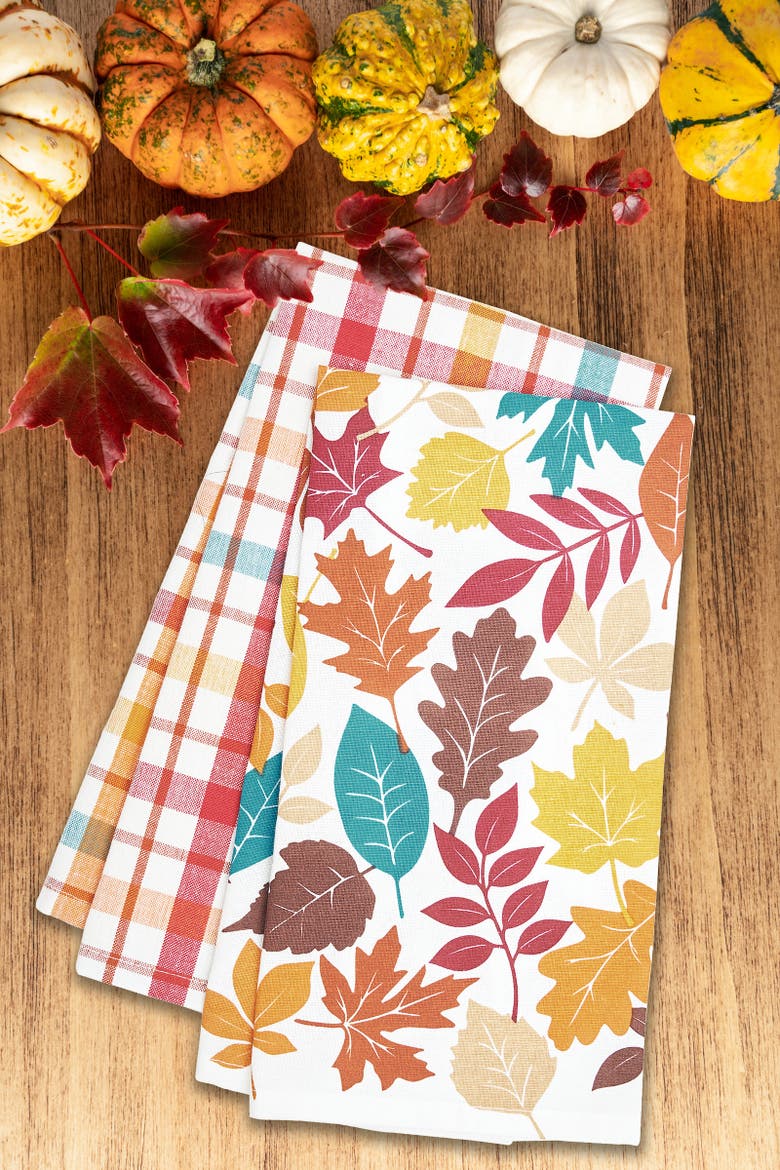 Fall Leaves & Plaid Printed Woven Kitchen Dishtowels Set of 2, Alternate, color, White