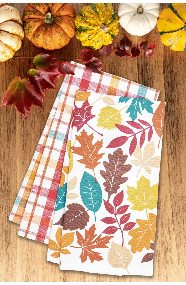 C&F Home Fall Leaves & Plaid Printed Woven Kitchen Dishtowels Set of 2, Alternate, color, White