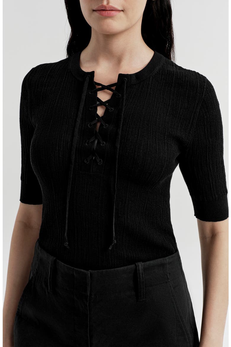 Fawn Lace-Up Ribbed Top, Alternate, color, BLACK