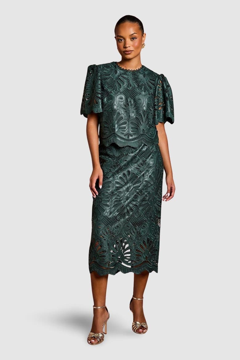 Petite PU Lace Midi Skirt, Alternate, color, Emerald