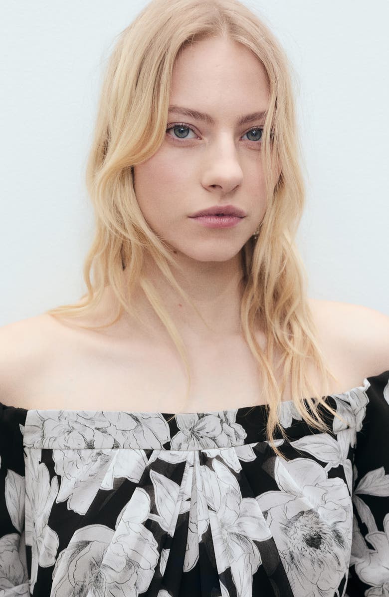 MANGO Floral Off the Shoulder Long Sleeve Maxi Dress, Alternate, color, Black