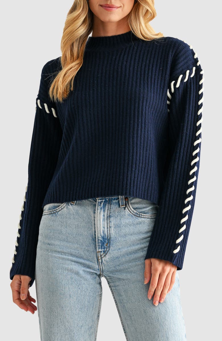 All in Favor Whipstitch Mock Neck Rib Sweater, Main, color, Navy Ivory