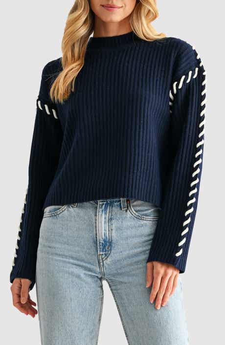 All in Favor Whipstitch Mock Neck Rib Sweater