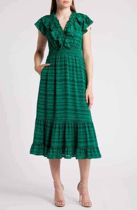 Ruffle Detail Textured Stripe Dress